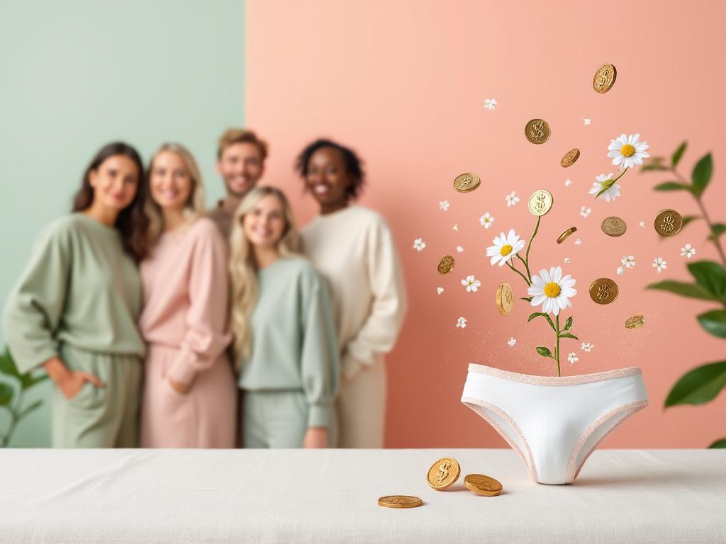 Slip avec fleurs et pièces, groupe flou derrière.