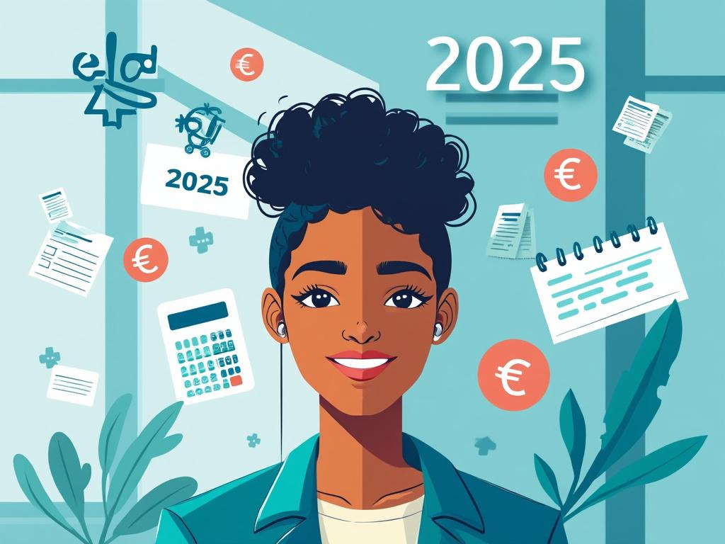Femme souriante entourée de symboles financiers 2025.
